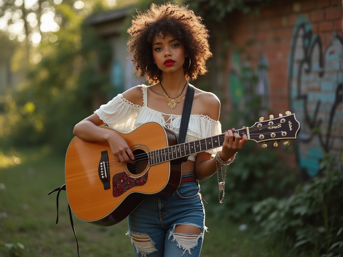 Prompt: Eclectic chic, fashionable young woman, 22yo, curly brown hair, bold red lipstick, thick black eyeliner, statement gold necklace, lace-trimmed white off-shoulder top, high-waisted distressed denim jeans, black ankle boots with buckles, colorful mixed-patterned socks, holding a vintage-inspired guitar, standing in front of a graffiti-covered brick wall, surrounded by lush greenery, warm sunlight casting a subtle glow, shallow depth of field, bohemian, artistic, eclectic, free-spirited.