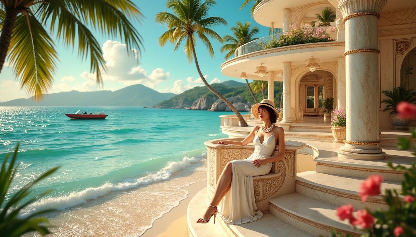 Prompt: Tropical island scene, art deco inspired architecture, pastel colors, geometric patterns, ornate decorations, luxurious villa, palm trees swaying gently, hibiscus flowers blooming, turquoise ocean waves crashing, sandy beach shoreline, vintage speedboat docked, 1920s glamour, glamorous woman lounging, sun hat, pearl necklace, red lips, high heels, flowing white dress, posing on a decorative balcony, dramatic staircases, lavish interior, marble floors, crystal chandeliers, warm golden lighting, cinematic composition, shallow depth of field, vibrant colors, dreamy atmosphere.