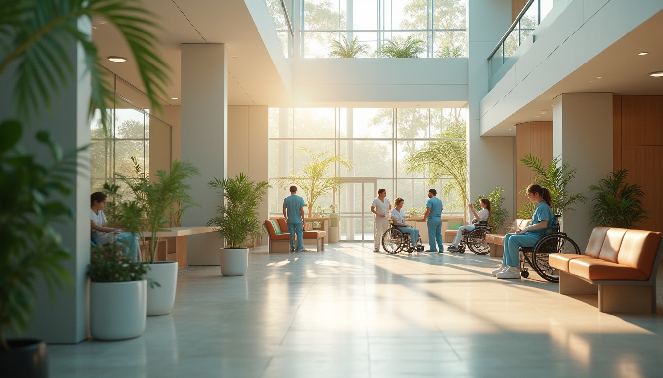 Prompt: Modern hospital lobby, spacious high ceiling, natural light pouring in through floor-to-ceiling windows, greenery walls, wooden benches, minimalist chairs, calming water features, warm neutral color scheme, plants, flowers, soft background music, gentle foot traffic, healthcare professionals in scrubs, visitors with concerned expressions, wheelchairs, strollers, comfortable seating areas, quiet atmosphere, warm lighting, 3/4 composition, shallow depth of field, blurred background, focus on characters.