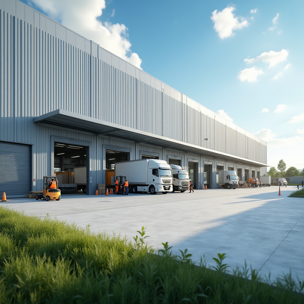 Prompt: Modern suburban distribution center, large warehouse building, steel structure, corrugated metal walls, rolling shutters, loading docks, cargo trucks, forklifts, busy workers in orange vests, reflective safety helmets, concrete yard, green grass verge, sunny day, partial cloud cover, soft natural lighting, 3/4 composition, shallow depth of field, industrial atmosphere, vibrant colors, clean lines.