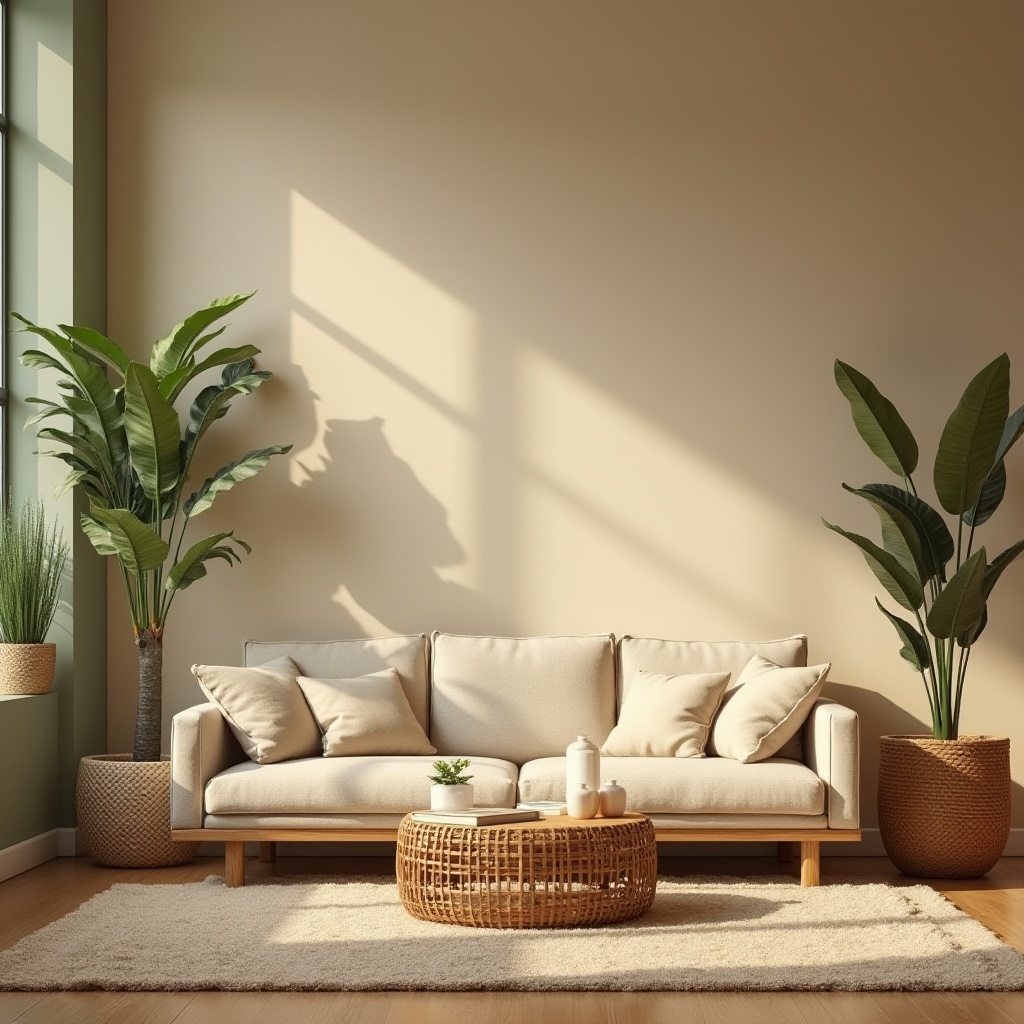 Prompt: Calming healing space, beige color scheme, warm soft lighting, minimalist furniture, comfortable cushioned sofa, natural fabric upholstery, woven basket coffee table, potted plants, greenery walls, wooden floorboards, serene atmosphere, gentle ambient sounds, peaceful corner reading nook, relaxation area, calming ambiance, natural textures, earthy tones, cozy throw blankets, subtle shadows, warm beige walls, soft carpet flooring.