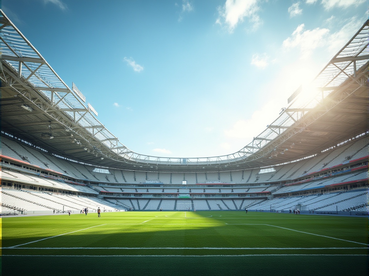 Prompt: Modern stadium, polyethylene material, white seats, metal frames, steel structure, transparent roof, daytime, sunny, blue sky, few clouds, green grass field, athletic tracks, football players, referee, goalpost, floodlights, evening, soft warm lighting, low-angle shot, wide-angle lens, shallow depth of field, vibrant colors, high-contrast, realistic texture.