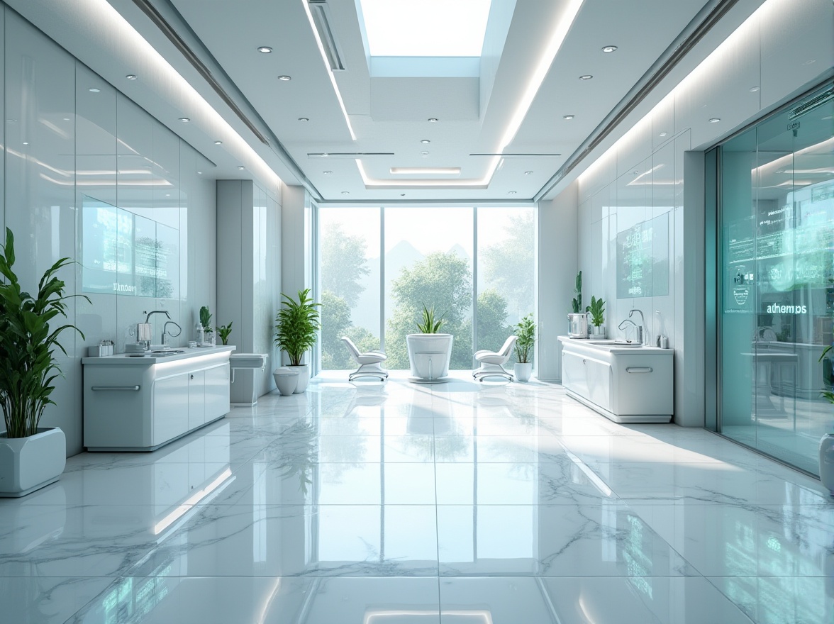 Prompt: Futuristic clinic, sleek lines, minimalism, metallic materials, glass façade, LED lighting, modern typography, clean white walls, polished marble floors, advanced medical equipment, holographic displays, virtual reality zones, calming greenery, natural light pouring in, open spaces, airy atmosphere, 3/4 composition, panoramic view, soft focus, cinematic mood.