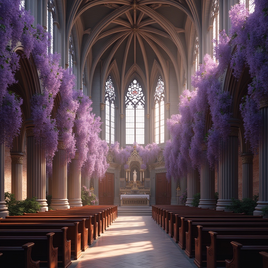 Prompt: Purple wisteria flowers, elegant, ornate, church interior, grand altar, stained glass windows, intricate stone carvings, gothic architecture, soft natural light, warm ambient glow, dramatic high ceiling, majestic columns, pews with velvet cushions, ornate wooden doors, subtle fragrance of incense, peaceful atmosphere, morning dew, gentle sunlight filtering through the windows, beautiful detailed textures, realistic rendering, cinematic composition.