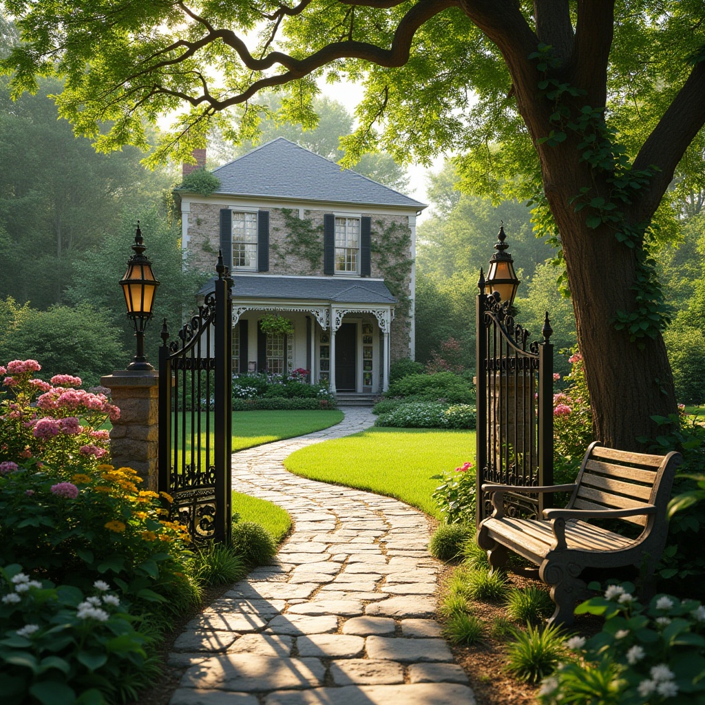 Prompt: Classic home, landscaping ideas, garden design, Victorian-era inspired, lush greenery, vibrant flowers, ornate iron gates, winding stone pathways, manicured lawn, tall trees providing shade, colorful blooming bushes, vintage outdoor furniture, distressed wood benches, elegant lanterns, soft warm lighting, afternoon sun, serene atmosphere, 3/4 composition, shallow depth of field.