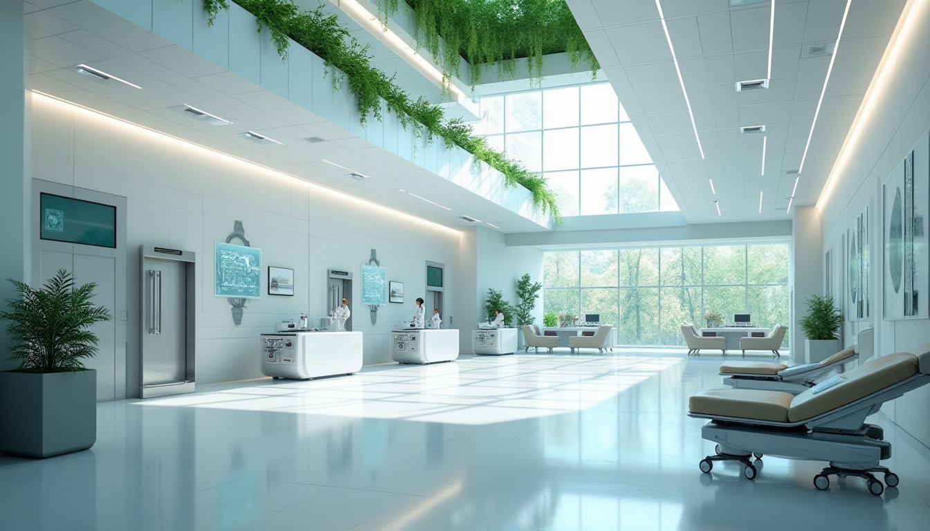 Prompt: Futuristic healthcare center, modern architecture, sleek lines, minimalist interior, automated sliding doors, LED light panels, sterile white walls, polished chrome floors, futuristic medical equipment, robots assisting nurses, virtual reality recovery rooms, AI-powered diagnosis systems, green roofs with lush gardens, natural light pouring in through floor-to-ceiling windows, calm ambiance, soft background music, gentle color scheme, comfortable waiting areas, ergonomic furniture, holographic projections, 3/4 composition, shallow depth of field, cinematic lighting.