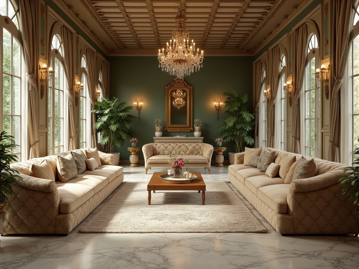 Prompt: Classic interior design, luxurious Victorian-era mansion, sustainable practices, eco-friendly furniture, reclaimed wood, velvet sofas, floral patterns, golden frames, crystal chandeliers, marble floors, large windows, natural light, plants, green walls, minimalist decor, warm beige colors, soft lighting, 3/4 composition, cinematic ambiance.