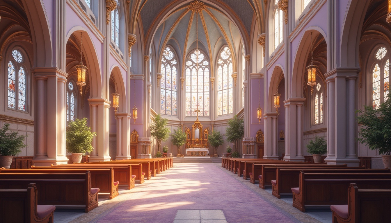 Prompt: Wisteria-inspired church interior, elegant atmosphere, soft purple hue walls, ornate gold accents, intricate wooden carvings, stunning stained glass windows, subtle floral patterns on carpets, delicate chandeliers, serene ambiance, natural light pouring through clerestory windows, warm beige stone flooring, refined pews with velvet cushions, majestic altar with ornate details, gentle drapery flowing from high ceilings, soft focus, warm lighting, 3/4 composition.