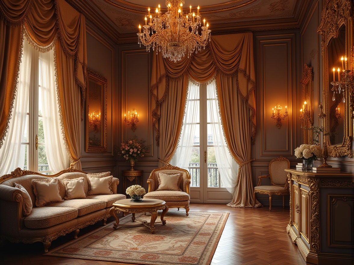 Prompt: Classic interior design, luxurious fabrics, ornate patterns, velvet drapes, golden tassels, intricate brocade, rich silk, soft satin, delicate lace, subtle florals, elegant stripes, majestic damask, refined herringbone, warm wood paneling, antique furniture, ornamental mirrors, crystal chandeliers, soft warm lighting, intimate atmosphere, sophisticated composition.