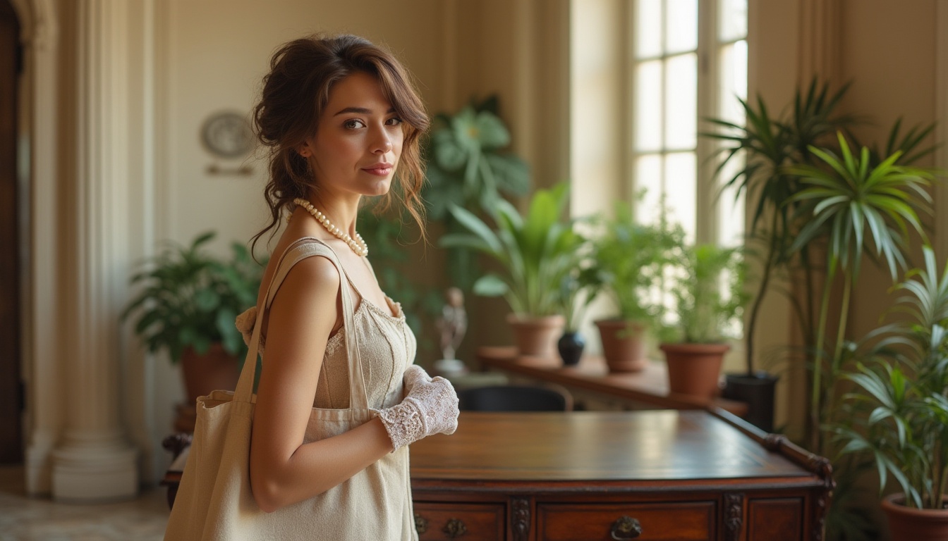 Prompt: Elegant lady, 25yo, curly brown hair, subtle makeup, pearl necklace, vintage dress, lace gloves, holding a reusable tote bag, standing near an antique wooden desk, surrounded by potted plants, natural light filtering through the large window, soft focus on the background, warm beige tones, classical architecture, marble floor, intricate moldings, Renaissance-inspired interior design, calm atmosphere, shallow depth of field.