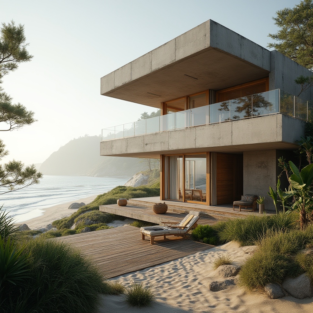 Prompt: Coastal modern villa, incorporating concrete elements, large windows, ocean view, natural light, wooden accents, minimalist decor, beachy vibe, weathered wood decking, glass railing, cantilevered roofline, brutalist concrete walls, organic shape, earthy tone, lush greenery, tropical plants, sandy dunes, driftwood, sea spray, misty morning, soft warm lighting, panoramic view, 3/4 composition.