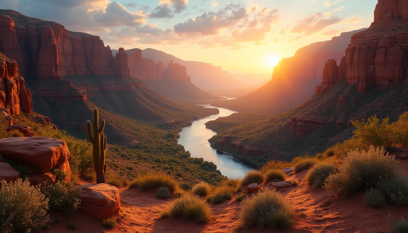 Prompt: Canyon landscape, sunset time, golden hour, vast desert terrain, majestic rocky cliffs, deep valleys, winding river, serene water reflection, lush green vegetation, cacti, succulents, rare wildflowers, warm sandy dunes, dramatic sky with few clouds, cinematic composition, 3/4 view, shallow depth of field, vibrant color palette, soft natural light, ambient occlusion.