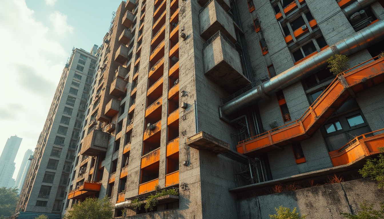 Prompt: Brutalist skyscraper, tangerine color accents, geometric shapes, rugged concrete texture, industrial pipes, metallic beams, modern cityscape, urban jungle, sunny day, dramatic shadows, low-angle shot, 3/4 composition, warm ambient lighting, vibrant tangerine hues on balconies, staircases, and window frames, contrasting with cool grey tones, angular architecture, abstract patterns, urban decay, dystopian atmosphere.