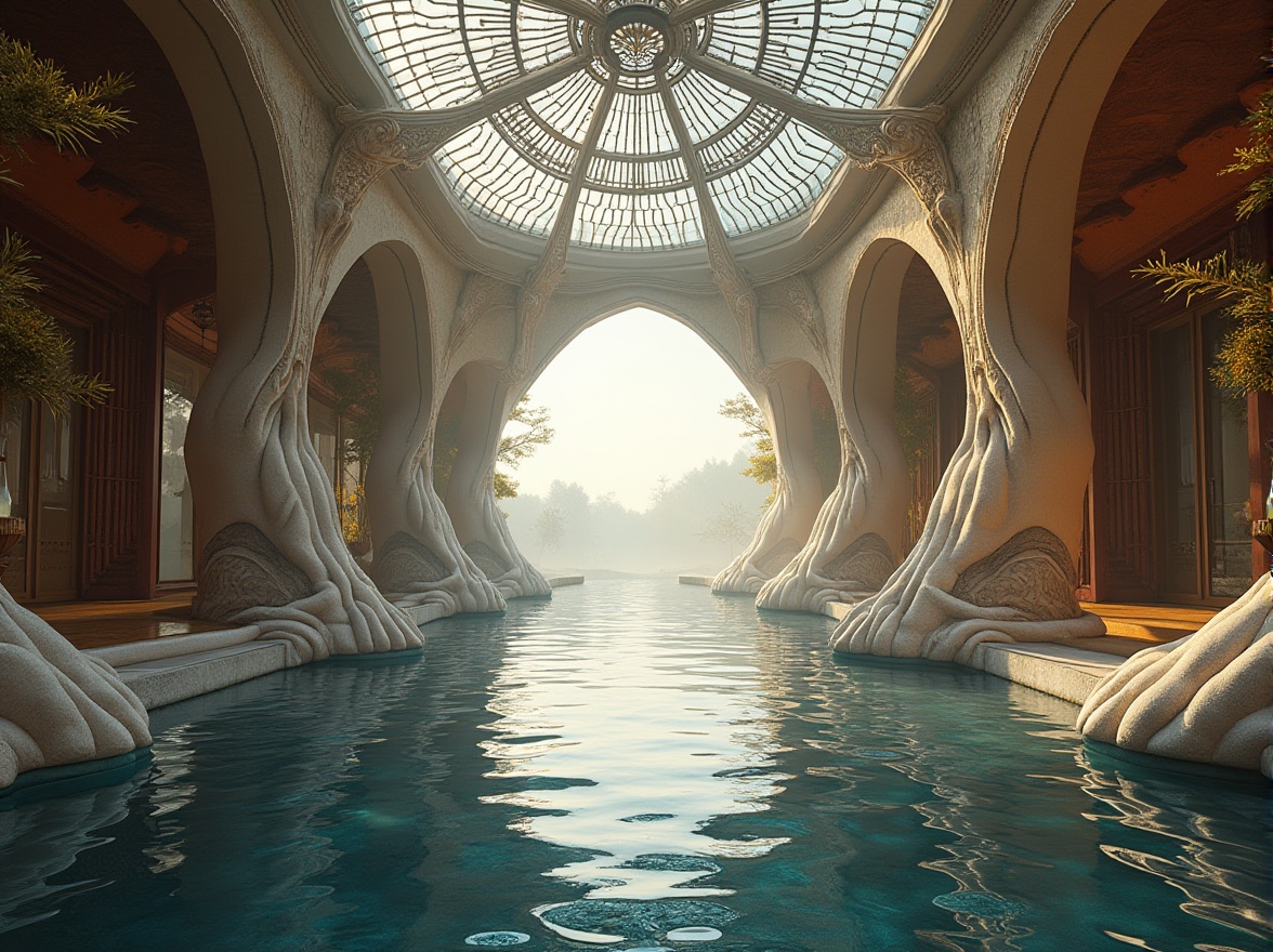 Prompt: Curved lines, flowing ornaments, organic forms, sinuous shapes, whiplash motifs, biomorphic details, asymmetrical compositions, elegant proportions, luxurious materials, ornate decorations, glass roof, iron framework, wooden panels, water reflections, rippling effects, serene atmosphere, lake scenery, misty morning, soft natural light, cinematic composition, shallow depth of field, warm color palette.