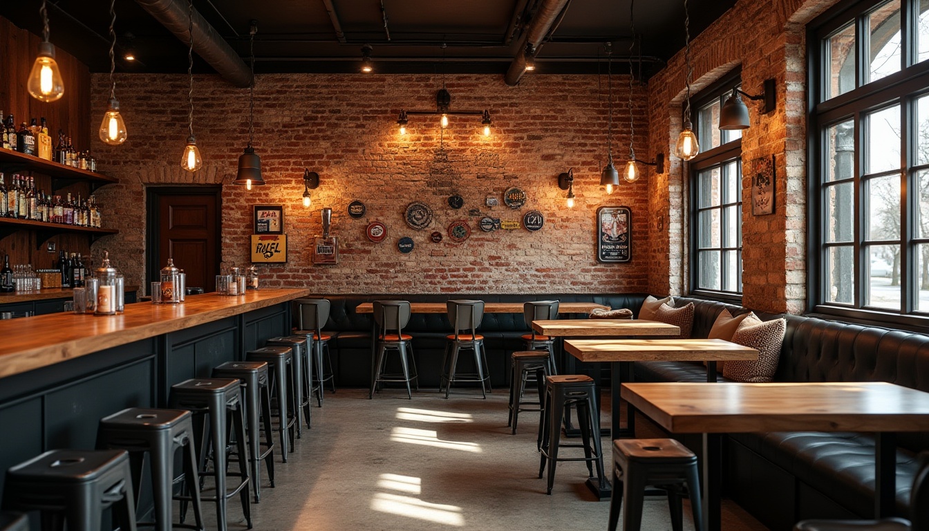 Prompt: Brick wall, modern pub interior, industrial chic, dimmed lighting, wooden bar counter, metal stools, rustic wooden tables, vintage beer signs, exposed brick walls, raw concrete floors, urban atmosphere, trendy crowd, afternoon warm light, shallow depth of field, cinematic composition.