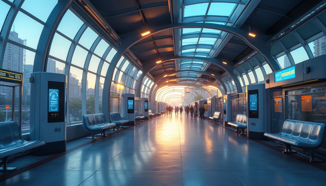 Prompt: Modern bus station, futuristic steel frame structure, curved lines, sleek glass panels, LED lights illuminating the roof, spacious interior, rows of silver benches, electronic displays showing schedules, automated ticketing machines, large windows overlooking the city, urban landscape, busy streets, morning rush hour scene, shallow depth of field, vibrant colors, high contrast, 3/4 composition, dramatic lighting.