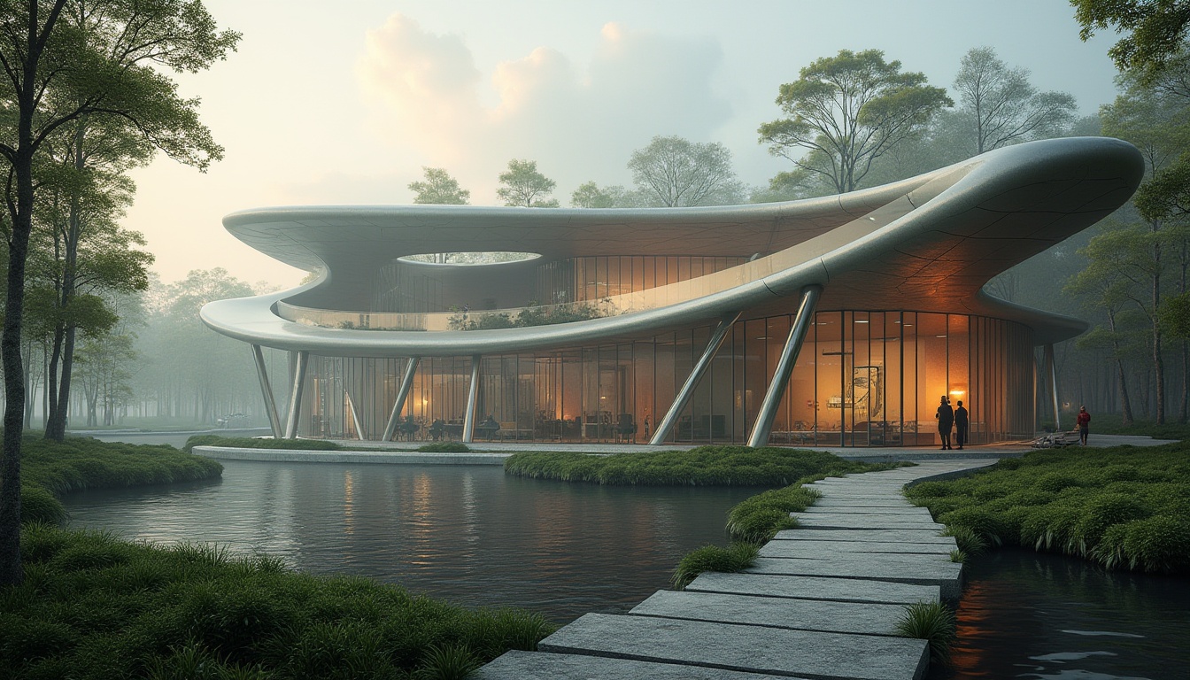 Prompt: Futuristic, avant-garde, postmodern bank building, wetland project, curved lines, irregular shapes, reflective glass, steel beams, asymmetrical structure, lush greenery, water features, stepping stones, winding boardwalks, mangrove trees, murky waters, misty atmosphere, low-angle shot, cinematic lighting, 3/4 composition, warm color tone, abstract background, dramatic contrast.