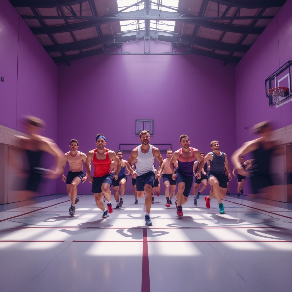 Prompt: Plum-colored walls, gymnasium interior, modern architecture, vibrant plum hue, contrast with bright white floors, dynamic lighting, athletic equipment, exercise machines, basketball hoops, bleachers, muscular men, sporty attire, sweatbands, intense facial expressions, motion blur, dynamic composition, 3/4 view, soft focus, shallow depth of field, warm and inviting ambiance.