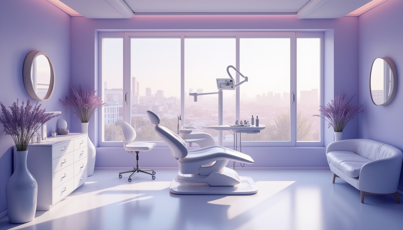 Prompt: Calming dental space, modern interior design, lavender blue walls, soft lighting, sleek white furniture, minimalist decor, elegant dentist's chair, futuristic equipment, sterile atmosphere, subtle aroma of lavender, peaceful ambiance, 3/4 composition, shallow depth of field, natural light pouring in through floor-to-ceiling windows, urban cityscape outside, morning sunlight.