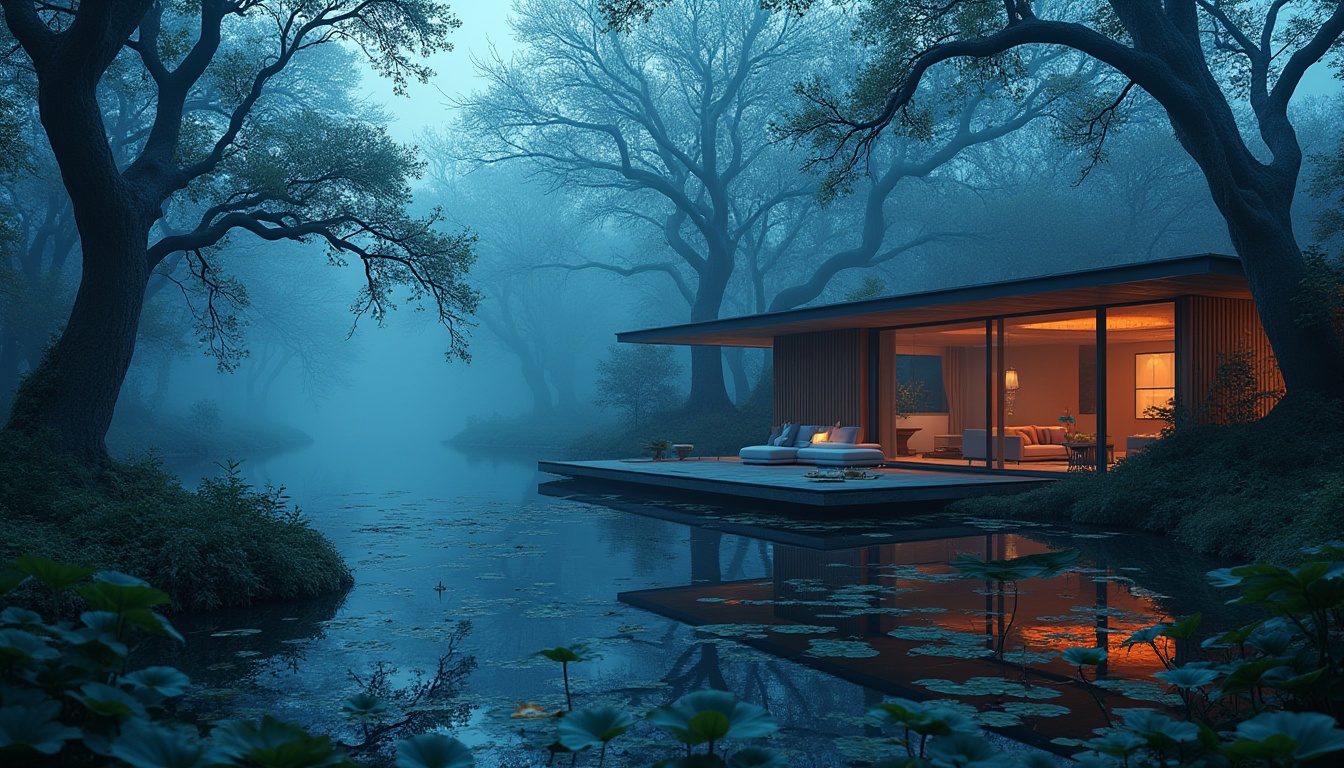 Prompt: Wetland scene, indigo color theme, mysterious atmosphere, misty fog, twisted tree branches, murky waters, water lilies, bold architectural design, modern minimalist villa, large windows, wooden accents, cozy interior, plush furniture, vibrant indigo walls, accented with greenery, warm lighting, 3/4 composition, cinematic mood, shallow depth of field.