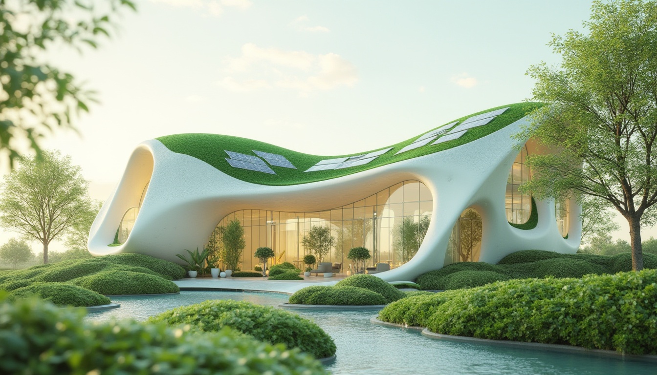 Prompt: Sustainable design, eco-friendly, modern architecture, Fibreglass material, translucent texture, curved lines, sleek shape, green roof, solar panels, recycling symbol, nature-inspired, organic forms, minimalist style, natural light, airy atmosphere, 3/4 composition, soft focus, warm color tone.