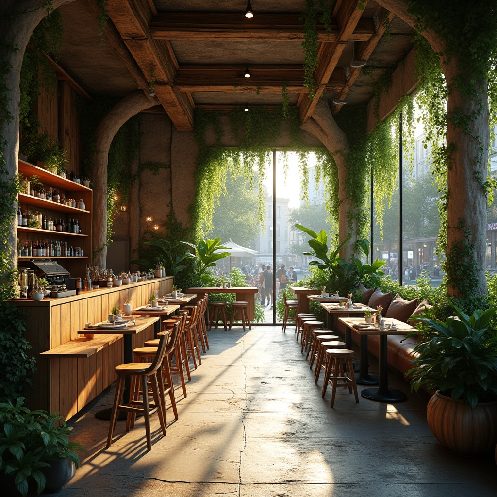 Prompt: Urban coffee shop, organic architecture, natural materials, wooden beams, green walls, living plants, vines crawling up pillars, rustic stone floors, minimalist decor, warm lighting, cozy atmosphere, comfortable seating areas, rounded shapes, curved lines, earthy tones, urban jungle feel, cityscape views, bustling streets, people walking by, morning sunlight streaming through large windows, soft focus, shallow depth of field, vibrant colors, rich textures, 3/4 composition, natural ambiance.