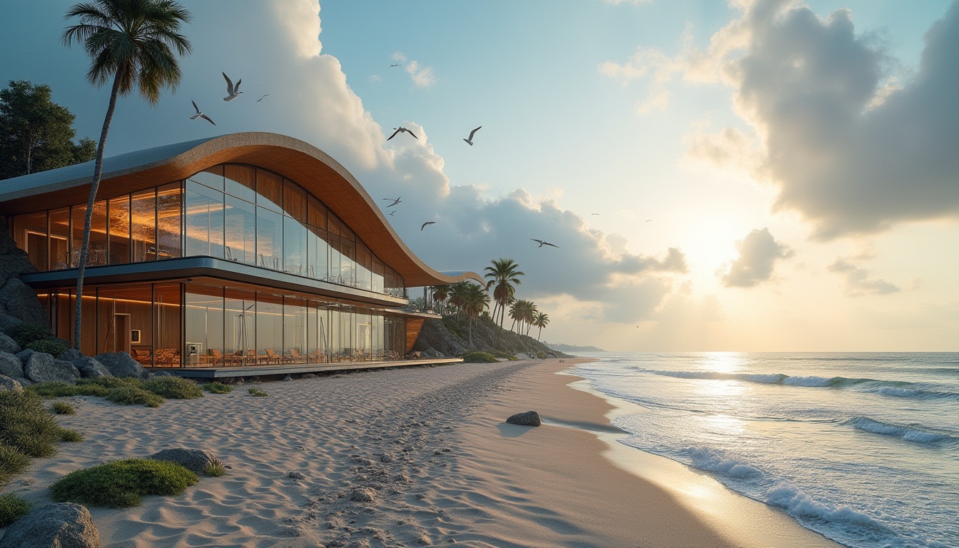 Prompt: Coastal healthcare center, modern architecture, glass walls, steel frame, wooden accents, Chukum material roofing, wave-like structure, seaside location, sandy beach, palm trees, seagulls flying overhead, cloudy sky with sun peeking through, warm ambient lighting, 3/4 composition, shallow depth of field, vibrant colors, realistic texture.