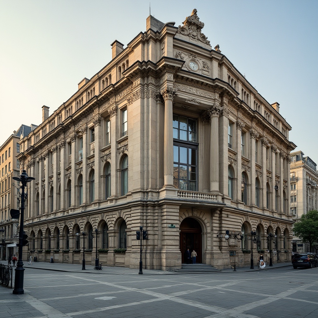 Prompt: Limestone building, urban architecture, classical style, ornate details, grand entrance, columned facade, weathered stone texture, intricate carvings, Beaux-Arts influence, city square, pedestrian zone, morning sun, soft shadows, warm ambient light, high angle shot, 3/4 composition, natural material, historical landmark, elegant atmosphere.