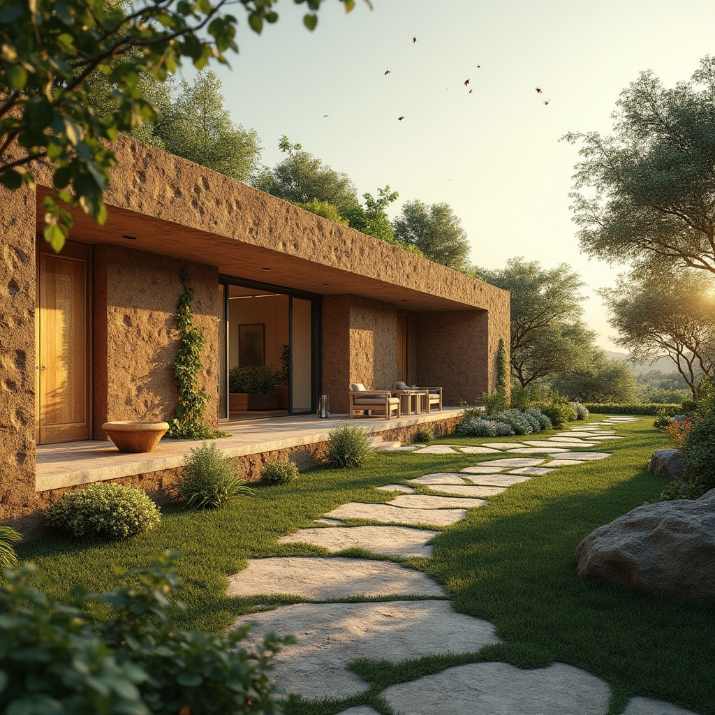 Prompt: Rammed earth wall, natural material, sustainable design, eco-friendly, environmental concern, architectural element, modern villa, green roof, lush vegetation, wooden door, large windows, panoramic view, serene atmosphere, warm lighting, afternoon sun, outdoor furniture, stone pathway, garden, flowers blooming, bees flying around, nature-inspired composition, soft focus, natural color palette, earthy tones.