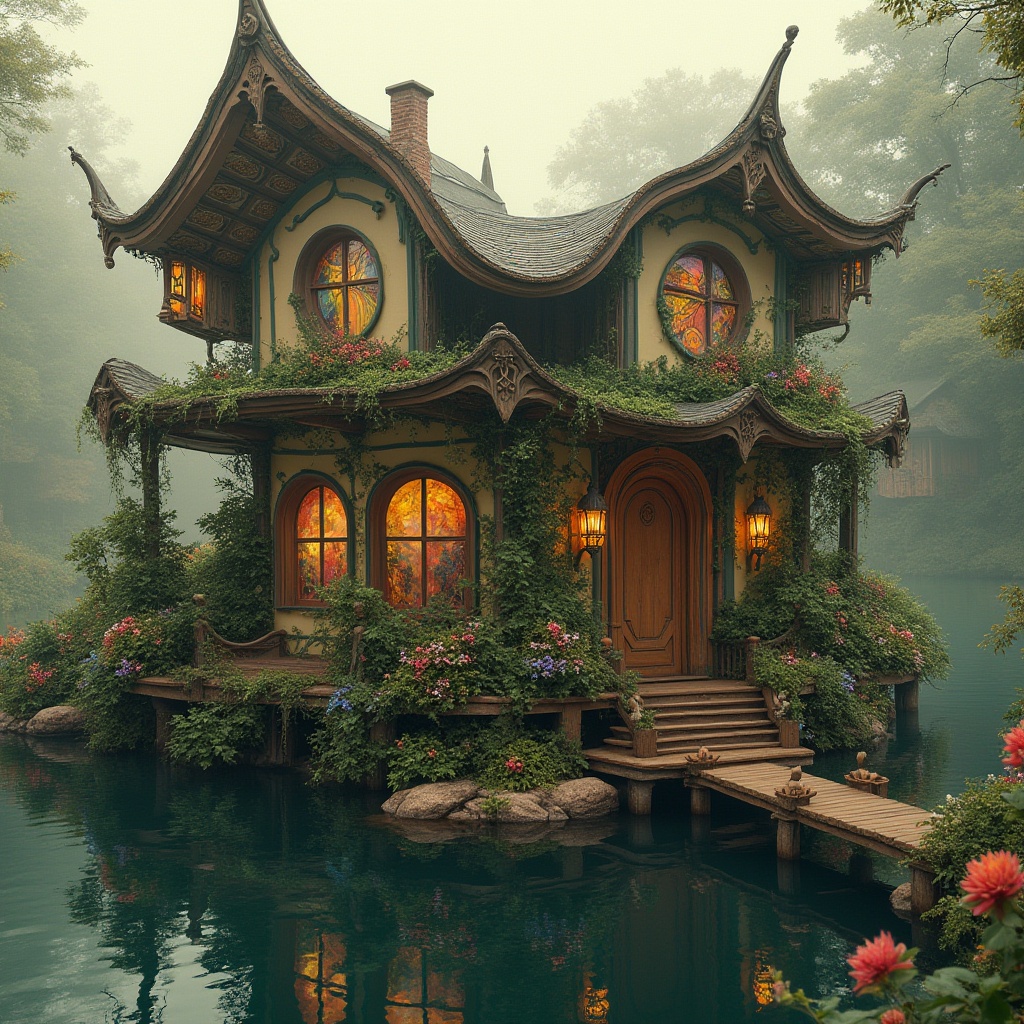 Prompt: Whimsical boathouse, Art Nouveau style, curved lines, ornate ironwork, flowing organic forms, intricate details, stained glass windows, colorful mosaic tiles, wavy roof, wooden dock, serene lake, surrounded by lush greenery, vines crawling up walls, flowers blooming in vibrant colors, warm golden lighting, soft focus, dreamy atmosphere, tranquil ambiance, early morning mist, foggy backdrop.