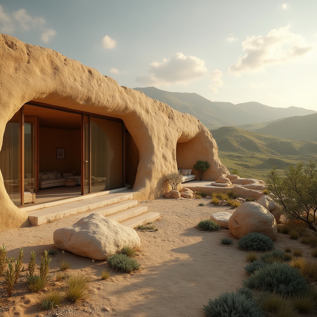 Prompt: Natural, earthy tone, rustic rammed earth material, textured walls, rough surface, organic curves, eco-friendly, sustainable building, villa, countryside, rolling hills, greenery surroundings, sunny day, warm lighting, atmospheric perspective, 3/4 composition, soft focus, natural color palette, minimal decor.