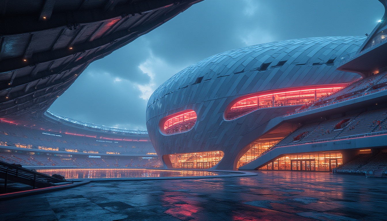 Prompt: Soccer stadium, futuristic architecture, sleek lines, geometric shapes, angular roof, cantilevered stands, ribbed columns, metallic materials, reflective surfaces, LED lights, neon strips, vibrant colors, dynamic shadows, dramatic lighting, low-angle shot, atmospheric perspective, urban landscape, cityscape background, modernist design, brutalist elements, concrete textures, steel beams, abstract patterns, minimalist composition.