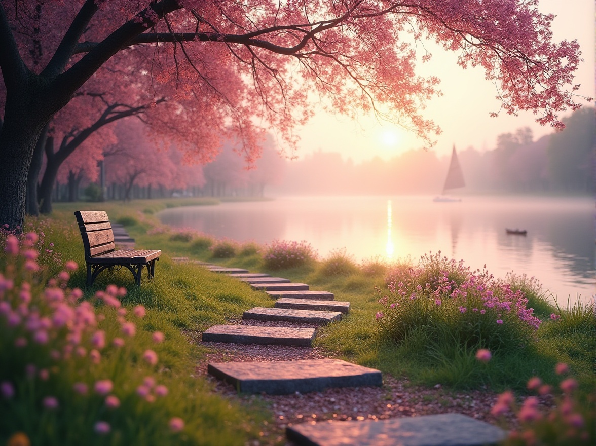 Prompt: Mauve colored riverbank, serene atmosphere, gentle slope, lush green grass, mauve toned stepping stones, rustic wooden benches, soft mauve hue wildflowers, delicate mauve petals, subtle mauve tinted mist, warm afternoon sunlight, 3/4 composition, shallow depth of field, peaceful riverside, tranquil water reflections, few sailboats drifting lazily, distant trees with mauve leaves, soft focus, cinematic lighting.