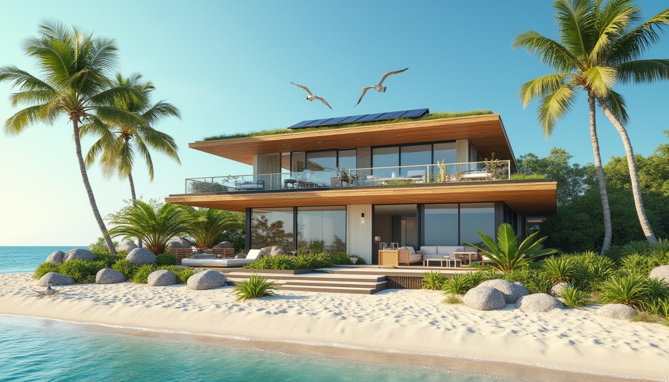 Prompt: Coastal architecture, modern villa, eco-friendly design, solar panels, green roof, large windows, natural ventilation, recyclable materials, bamboo furniture, seaside location, sandy beach, palm trees, clear blue sky, sunny day, 3/4 composition, low-angle shot, warm lighting, ocean breeze, seagulls flying overhead, driftwood decor, coral-inspired accents, minimal waste, renewable energy, sustainable living.