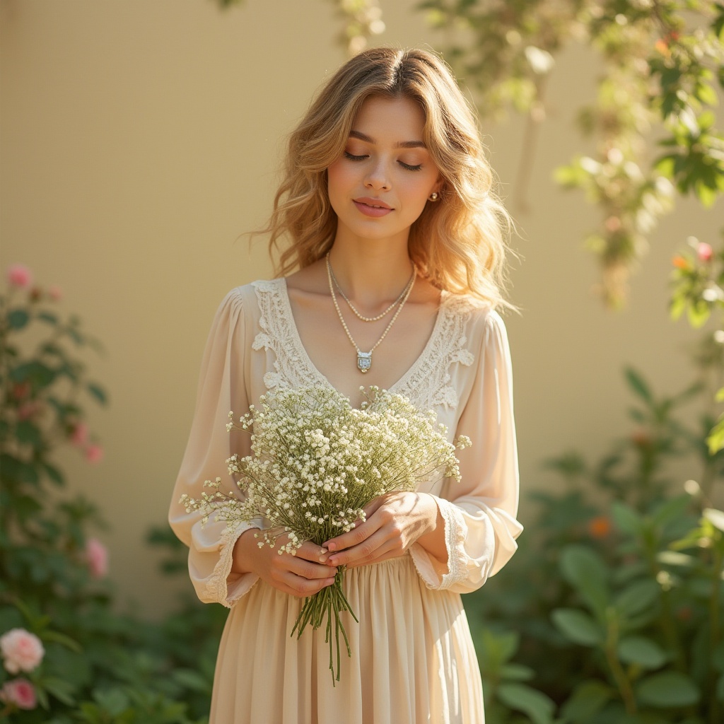 Prompt: Gainsboro color palette, soft pastel hues, warm beige background, elegant lady, 25yo, slender figure, curly honey-blonde hair, gentle smile, subtle makeup, lace trim blouse, high-waisted flowing maxi skirt, vintage brooch, pearl necklace, holding a bouquet of baby's breath, standing in a serene, lush green garden, surrounded by blooming flowers, delicate petals, afternoon sunlight, soft shadows, 3/4 composition, warm ambient lighting.