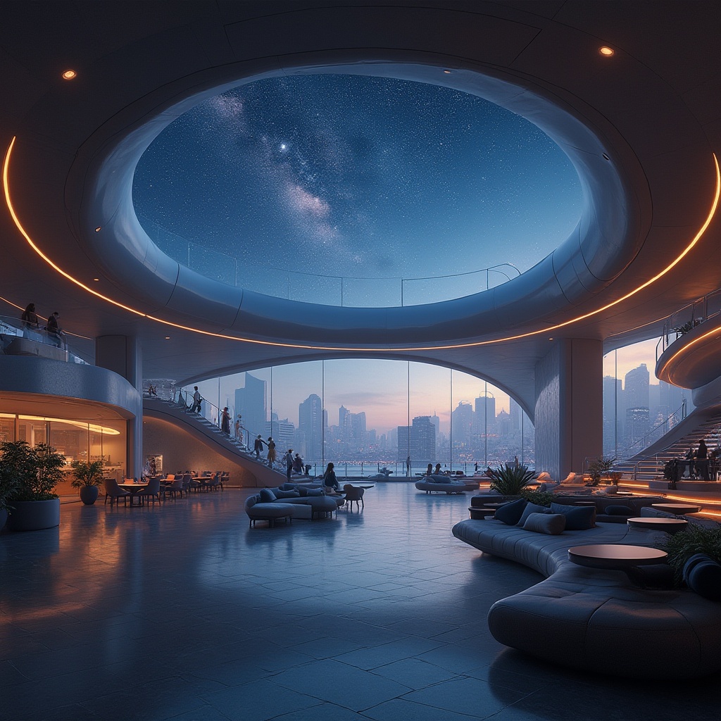 Prompt: Futuristic planetarium, fusion architecture, inviting spaces, grand entrance, high ceiling, dome-shaped roof, starry night sky projection, ambient soft lighting, comfortable seating areas, cozy lounges, modern minimalist decor, sleek metallic surfaces, glass walls, floor-to-ceiling windows, cityscape view, urban landscape, bustling streets, distant skyscrapers, 3/4 composition, panoramic view, cinematic atmosphere, futuristic ambiance.