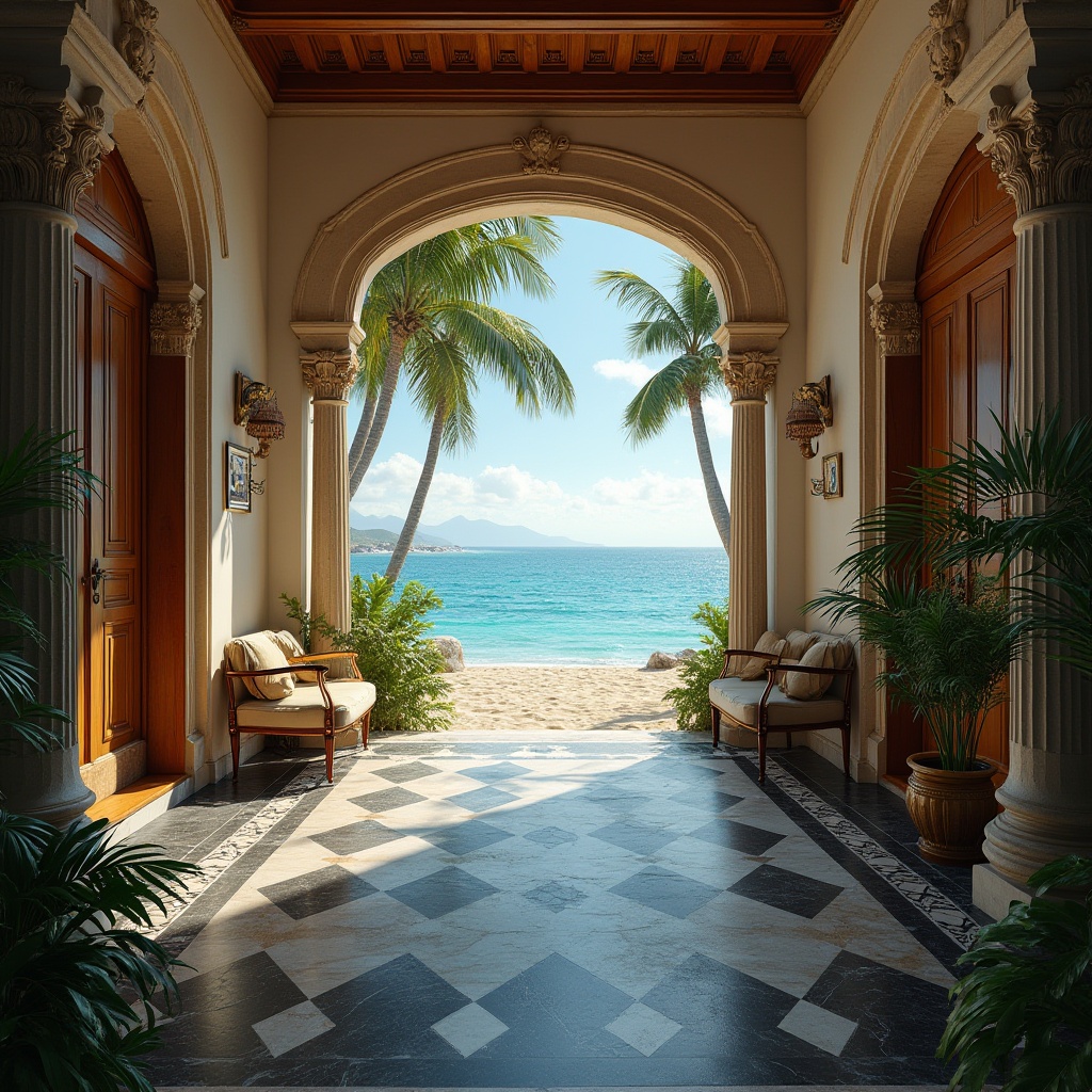 Prompt: Beach Renaissance style, Mediterranean villa, grand entrance, majestic columns, intricate stone carvings, black marble floors, ornate wooden doors, heavy drapery, luxurious furnishings, lavish decorations, coastal landscape, turquoise ocean views, sandy beach, palm trees swaying, warm sunny day, dramatic clouds, low-angle shot, cinematic composition, high contrast, vibrant colors, subtle texture, realistic lighting.