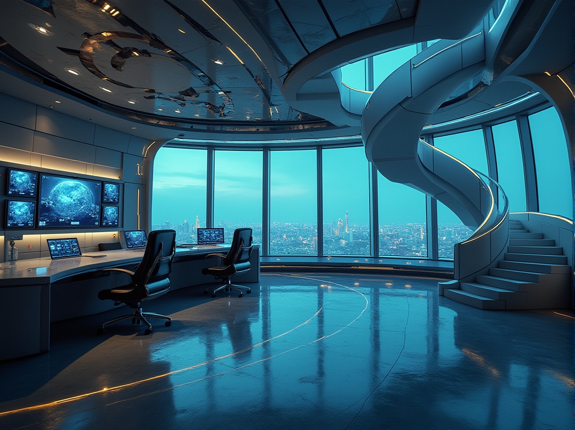 Prompt: Watching towers, futuristic, high-tech, sleek lines, metallic materials, glass windows, circular staircase, minimal decor, functional spaces, control room, monitoring screens, ergonomic chairs, neon lights, cityscape view, 3/4 composition, low-angle shot, cinematic lighting, ambient occlusion.