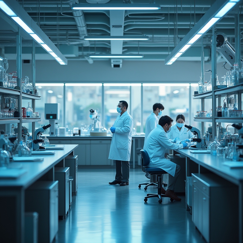 Prompt: Modern laboratory, periwinkle walls, sleek metal equipment, glass beakers, microscopes, stainless steel tables, ergonomic stools, softbox lighting, warm ambiance, subtle shadows, minimalist decor, futuristic atmosphere, scientists in white lab coats, goggles, gloves, pipettes, test tubes, Petri dishes, robotic arms, 3/4 composition, shallow depth of field, vivid colors, high contrast, sharp focus.