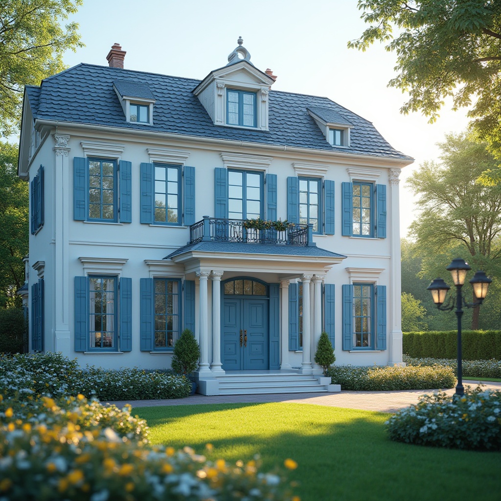 Prompt: Classic residential building, incorporating blue color, European style, grand entrance, white columns, blue roof tiles, blue windows frames, ornate door, bronze doorknob, luxurious facade, symmetrical composition, 3/4 view, soft natural light, warm afternoon sun, green grass, blooming flowers, manicured lawn, elegant street lamps, serene atmosphere.