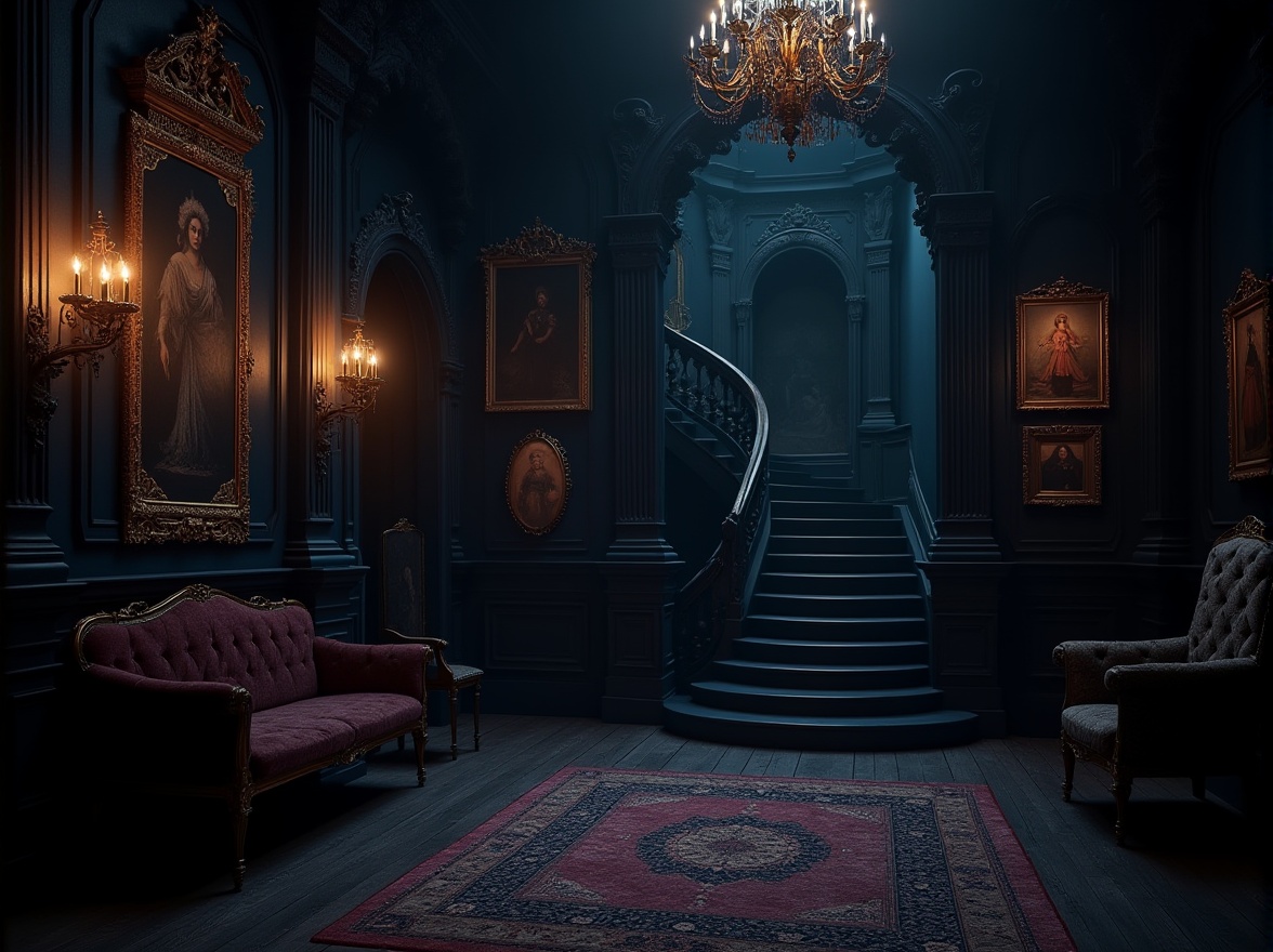 Prompt: Dark gothic interior, navy blue walls, ornate gold frames, mysterious ambiance, dimly lit candelabras, luxurious velvet drapes, carved wooden furniture, intricate patterns on rugs, dramatic chandelier, eerie shadows, vintage clock, mysterious ancient artifacts, dark wood floor, grandiose staircase, Baroque architecture, hauntingly beautiful, warm candlelight, cinematic composition.