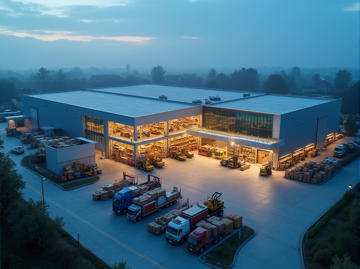 Prompt: Modern suburban distribution center, sleek architecture, metal frame, glass facade, vibrant LED signage, loading docks, cargo trucks, busy forklifts, organized storage racks, rows of shelves, cardboard boxes, pallets, conveyer belts, softbox lighting, early morning mist, blue sky, surrounding trees, distant residential area, 3/4 composition, cinematic atmosphere.