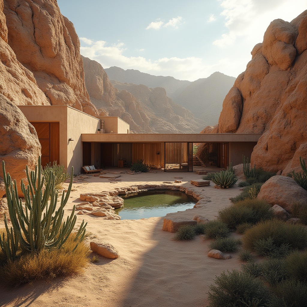 Prompt: Canyon architecture, adapting to climate, desert landscape, rocky terrain, adobe-inspired structure, earthy tones, natural material, wooden accents, large windows, panoramic view, open floor plan, minimal decoration, cacti and succulents surrounding, warm sunlight, soft shadows, low-angle shot, cinematic composition, rustic texture, organic shape, blending with nature.