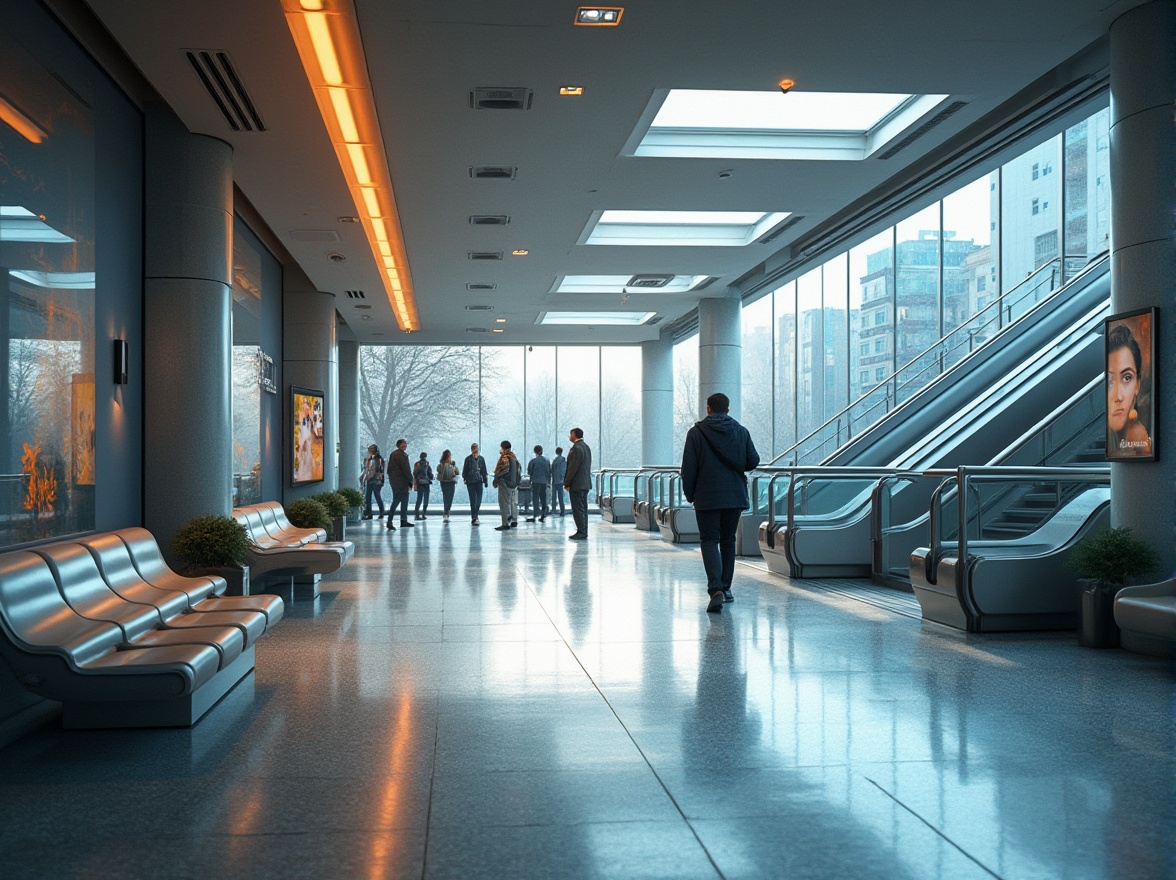 Prompt: Modern metro station interior, urban atmosphere, commuters in background, stainless steel handrails, LED lights, sleek benches, futuristic advertising screens, granite floor, acoustic panels on ceiling, noise reduction, comfortable waiting area, natural light through skylights, pillar with metallic finish, abstract geometric patterns on walls, dynamic escalators, vibrant city life outside windows, subtle color scheme, functional design, 3/4 composition, softbox lighting.