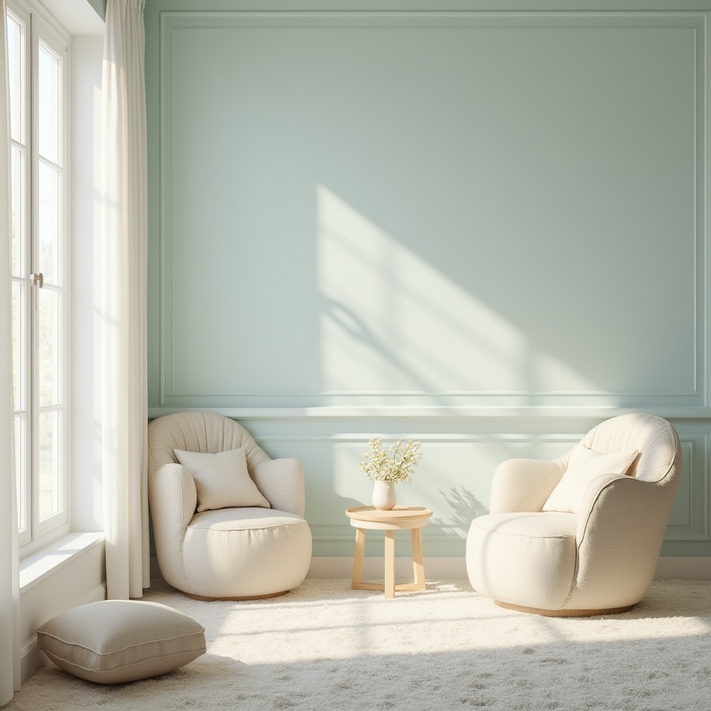 Prompt: Tranquil space, baby blue walls, creamy white trim, minimalist decor, plush carpet, soft cushions, gentle curves, rounded edges, natural light pouring in through large windows, sheer curtains billowing gently, peaceful ambiance, morning sunlight, warm beige furniture, delicate flowers on a small side table, subtle wood accents, calming atmosphere, serene composition.