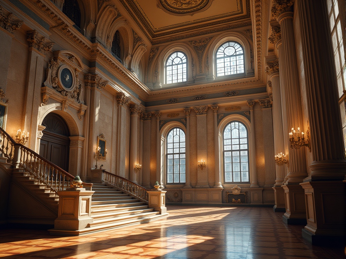 Prompt: Courthouse, fusion architecture, historic building, grand staircase, ornate columns, high ceiling, large windows, natural light, wooden flooring, intricate carvings, stone walls, clock tower, urban landscape, city hall, government building, neoclassical style, Roman arches, detailed textures, warm lighting, 3/4 composition, symmetrical framing, low-angle shot.