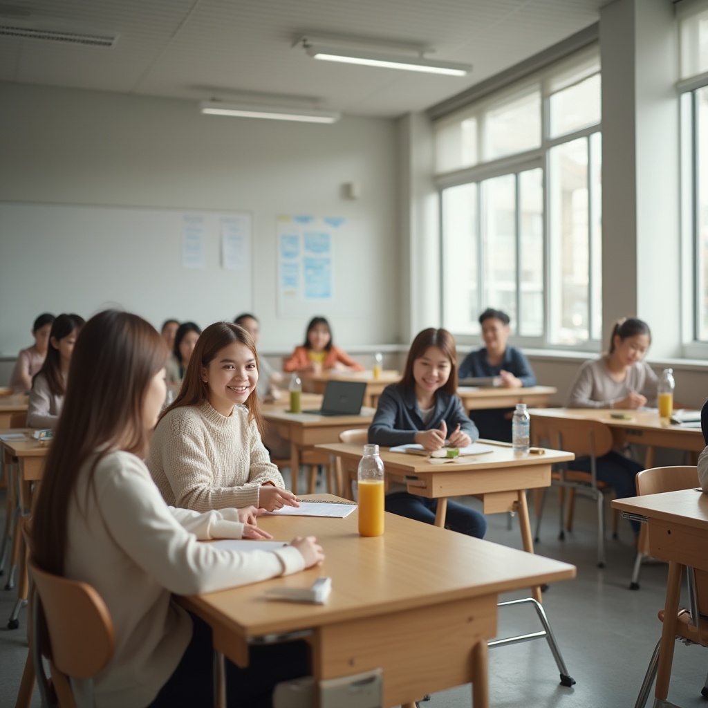 Prompt: Modern school interior, light gray walls, calming atmosphere, wooden desks, ergonomic chairs, subtle texture, clean lines, minimalist aesthetic, abundant natural light, soft shadows, students engaging in group discussion, smiling faces, casual clothing, relaxed postures, learning materials scattered on tables, water bottles and laptops nearby, gentle color contrast, harmonious ambiance, 3/4 composition, warm lighting, slight blur effect.