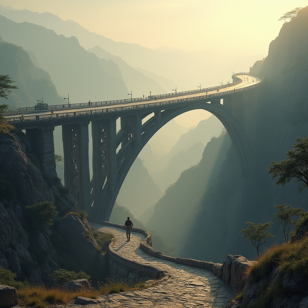 Prompt: Designing bridges for plateaus, majestic steel arch bridge, strong pillars, intricate stone carvings, misty atmosphere, distant mountains, serene landscape, gentle slope, sparse trees, rocky terrain, winding road, rugged stone walls, solitary figure in the distance, warm golden light, dramatic composition, cinematic mood, shallow depth of field.