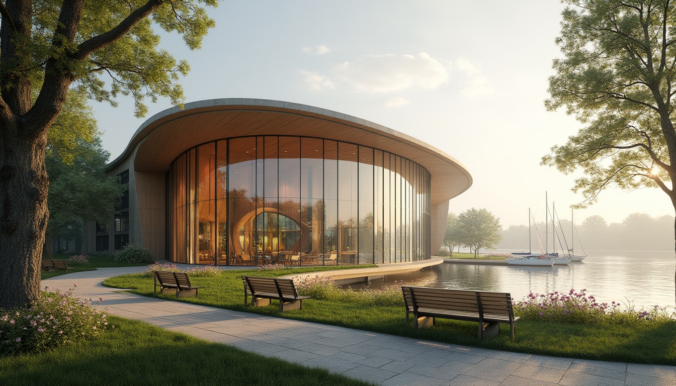 Prompt: Lakefront Visual Arts Center, modern architecture, glass walls, wooden accents, curved lines, natural light pouring in, reflection of lake on glass facade, surrounding lush greenery, tall trees, blooming flowers, walking path, benches facing the lake, sailboats docked, calm water, misty morning, soft warm lighting, panoramic view, 3/4 composition.