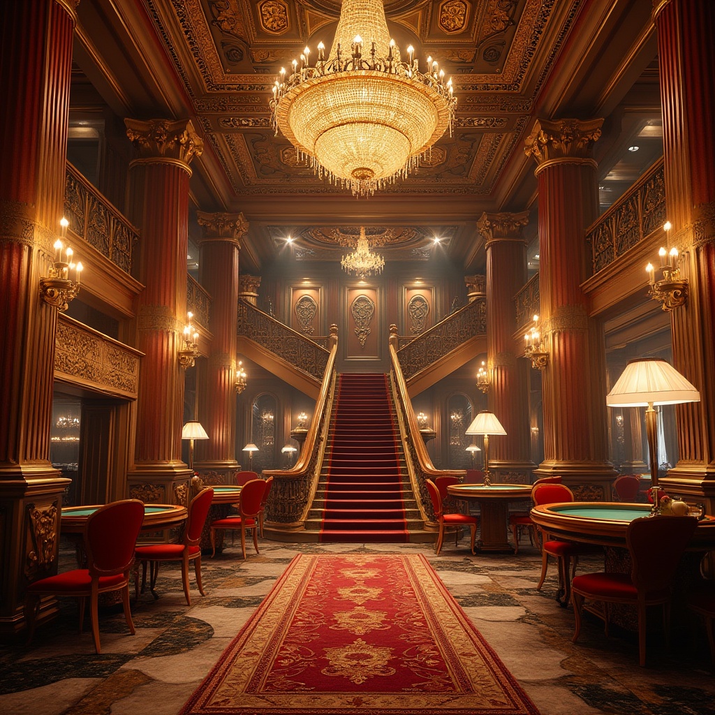 Prompt: Luxurious casino, Renaissance-inspired interior, grand chandelier, ornate details, corrugated metal accents, intricate patterns, warm golden lighting, lavish furnishings, rich velvet drapes, marble floors, majestic columns, Baroque-style ornaments, intricate moldings, ornate mirrors, regal red carpet, dramatic staircases, opulent decor, warm color palette, detailed textures, grandiose architecture, soft focus, cinematic composition.